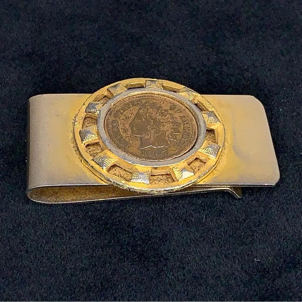 Vintage 1907 Indian Head Penny Silver Gold Tone Money Clip Men Gift Western